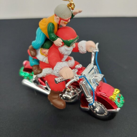 Santa & Elf Riding Motorcycle Christmas Ornament Chopper Hog Santa's Best 1995 - Picture 2 of 9